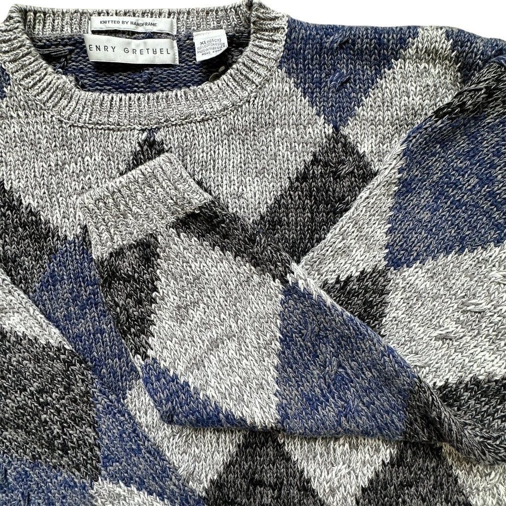 VTG HENRY GRETHEL Sweater Argyle‎ Gray Blue XL Y2K 90s Handframe Knit Abstract - Picture 5 of 12